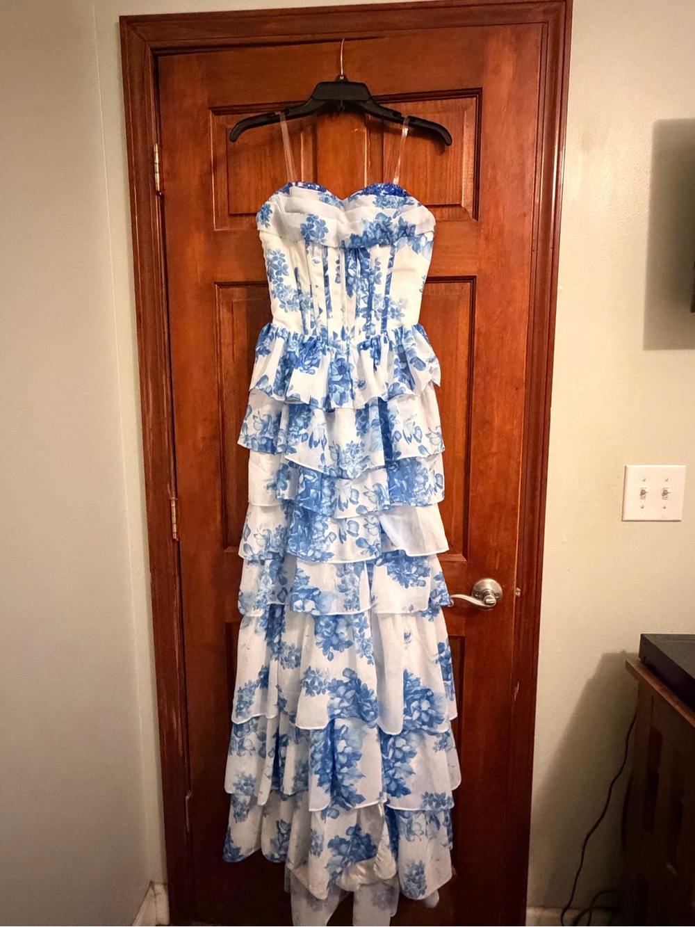 White Strapless Ruffled Maxi Dress with Blue Floral Print